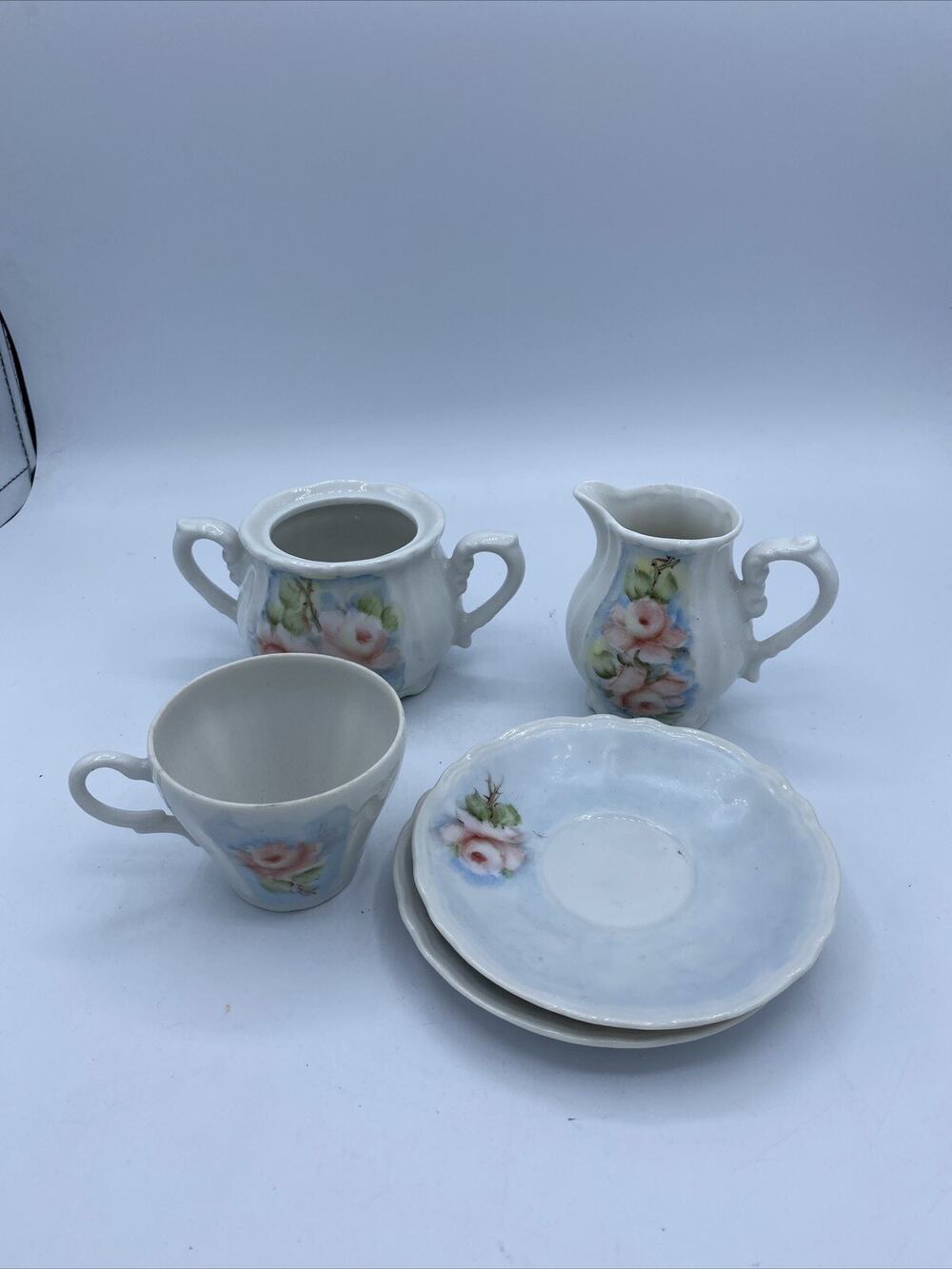 Antique Unmarked China Creamer & Sugar With One Coffee/tea Cup And 2 Saucers